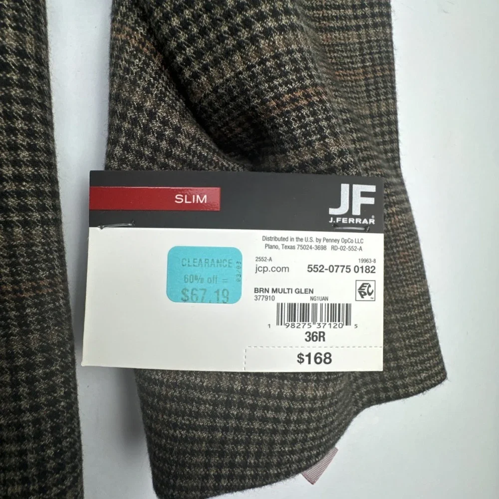 JF J.Ferrar Mens Slim Fit Blazer‎ 36R Brown Glen Plaid Sport Coat Professional